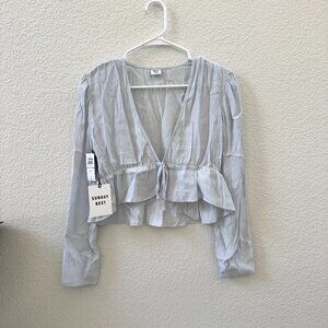 Aritzia Sunday Best Blue Tie Front Cropped Blouse